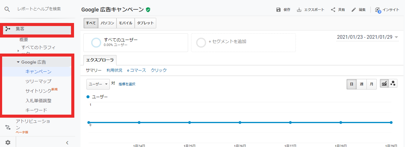 ⑥Googleアナリティクスの項目に「Google広告」が表示されているか確認しましょう。