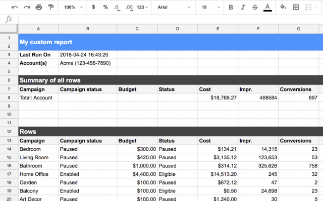 スプレッドシートのアドオンで作ったGoogle広告レポートの見本