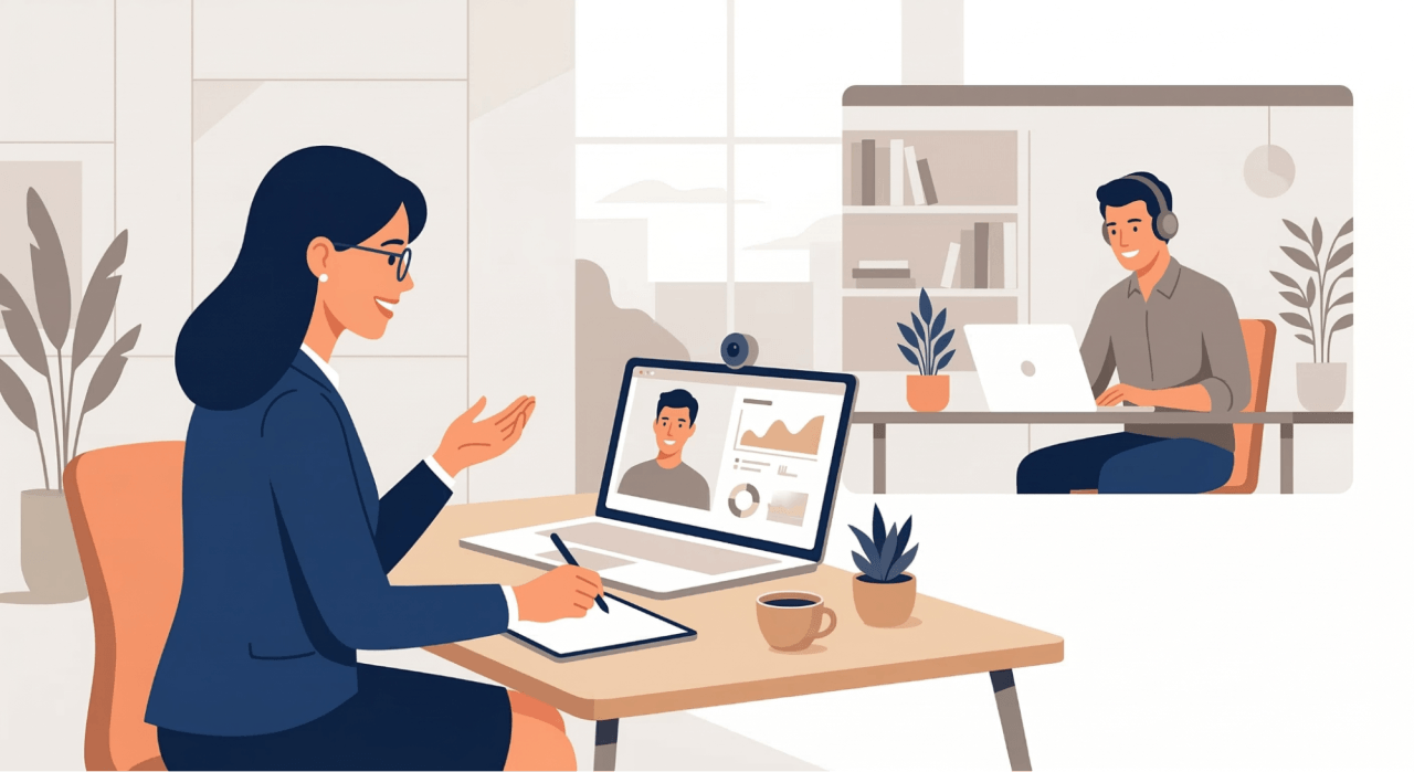 オンライン会議でクライアントの情報を収集・分析している様子を描いたイラスト。手前の女性がノートをとりながら、ノートパソコンの画面越しに男性と対話している。画面には相手の顔と分析グラフが表示されており、背景にはリモート環境で仕事をする男性のイメージが浮かんでいる。